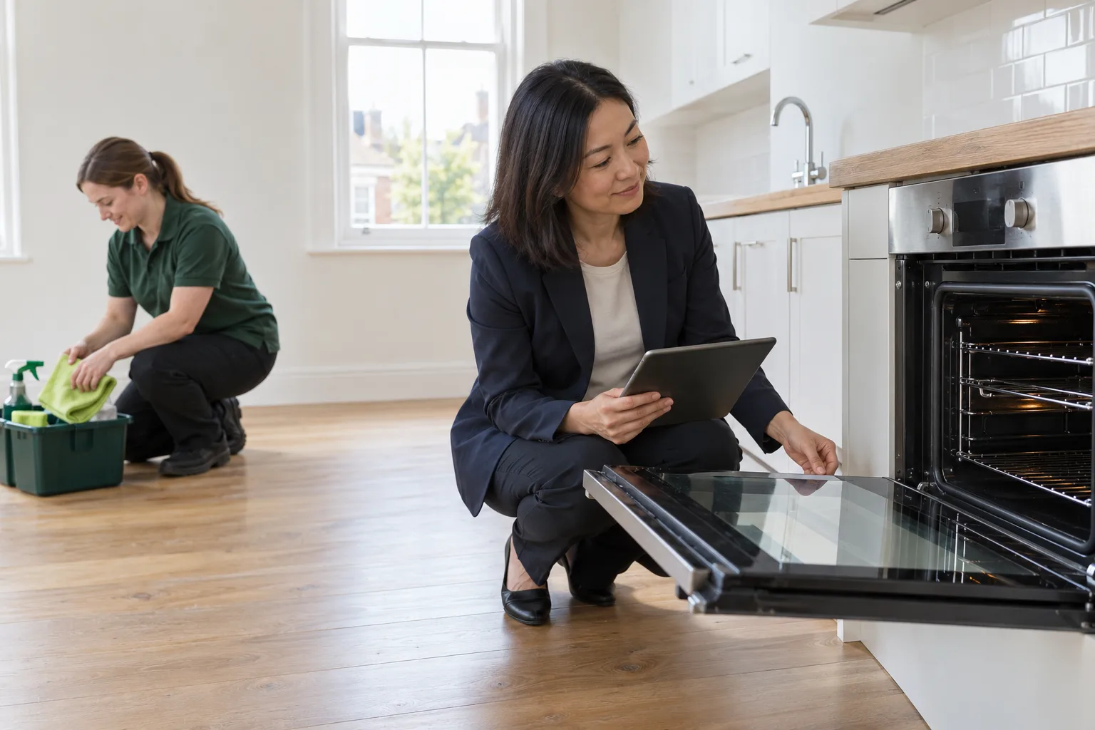 A letting agent with a tablet checks an open oven in an empty flat while a cleaner packs her caddy.