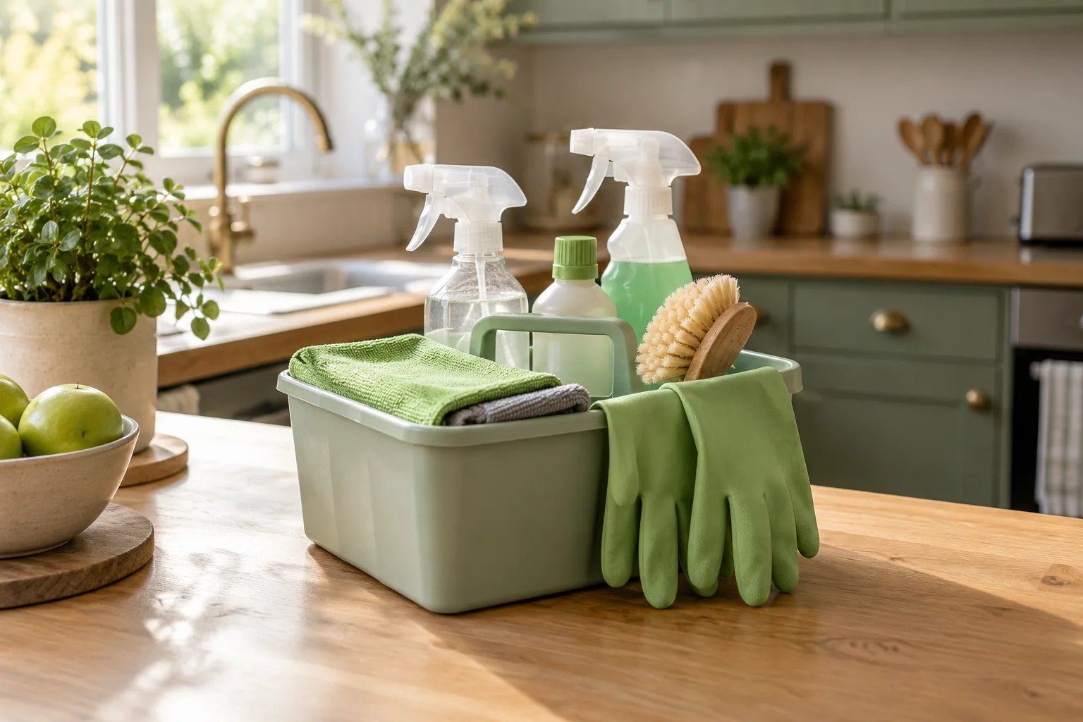 A cleaning caddy on a wooden worktop holding spray bottles, folded cloths and a scrubbing brush, with rubber gloves over its side.