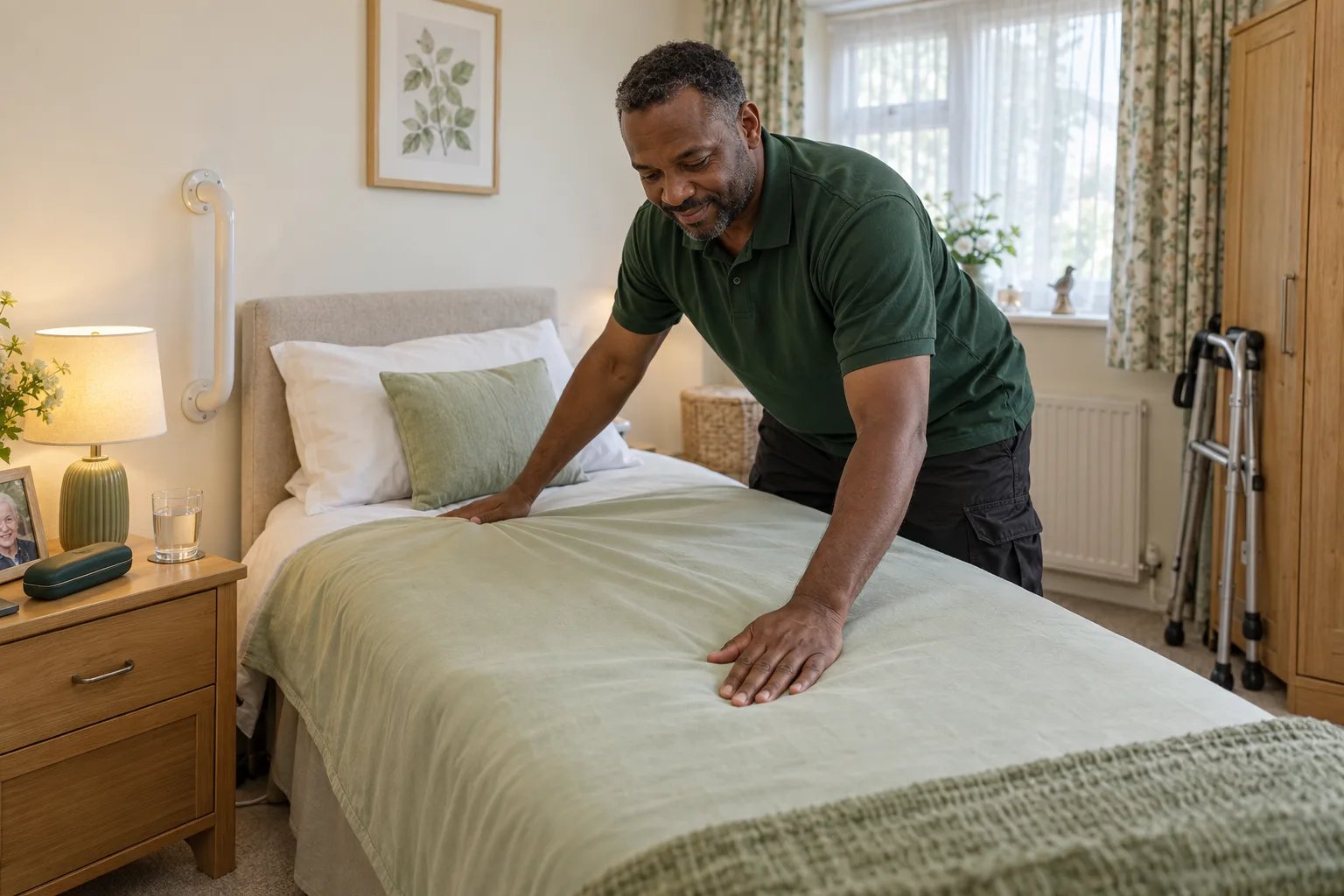 A cleaner smooths a pale green sheet on a single bed, with a grab rail on the wall and a walking frame by the wardrobe.
