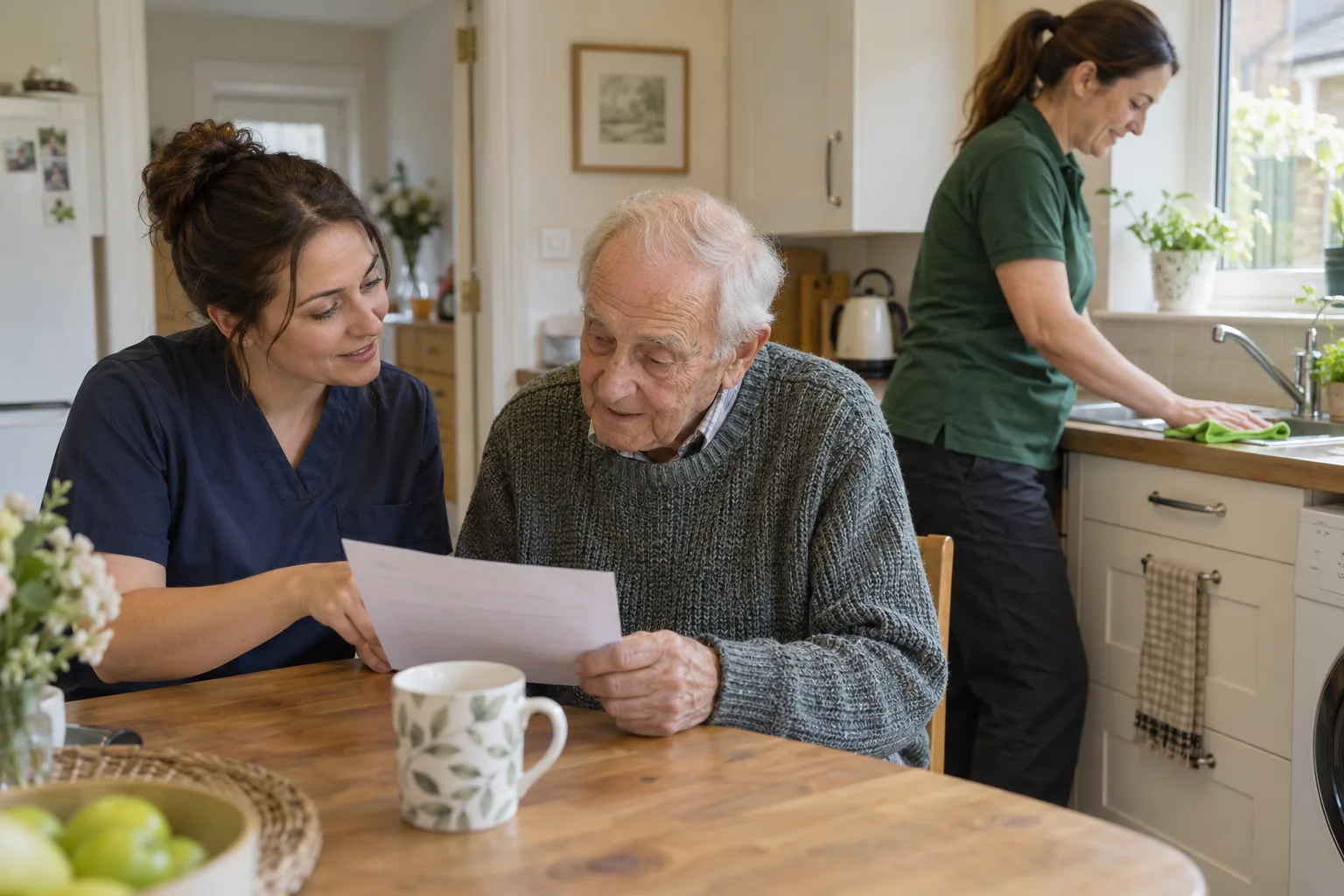 A care worker goes through a letter with an older man at his kitchen table while a cleaner wipes the worktop behind them.