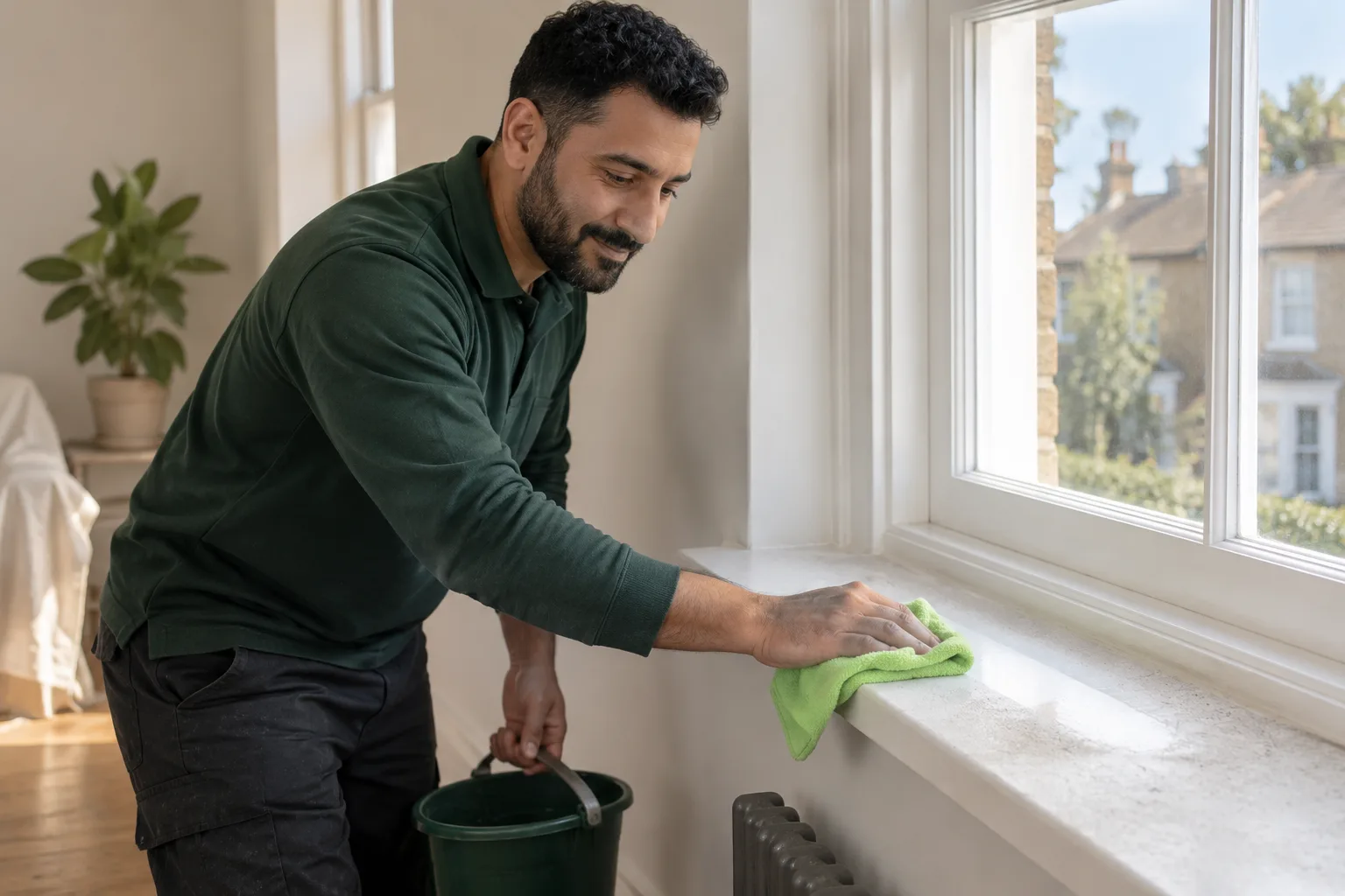 A cleaner wiping building dust off a wide window sill, with a bucket in his other hand.