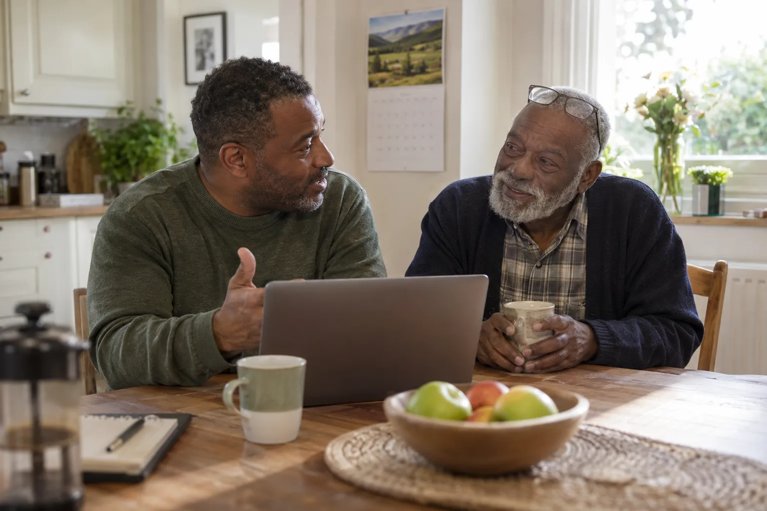 A man and his elderly father talking over a laptop at the kitchen table.