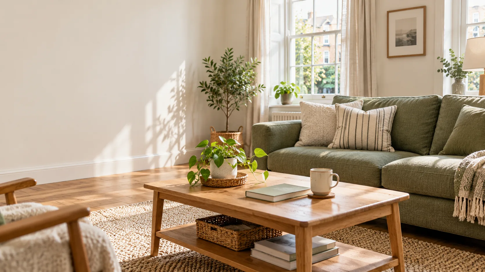 A freshly cleaned living room with a sage sofa, oak furniture and soft daylight.