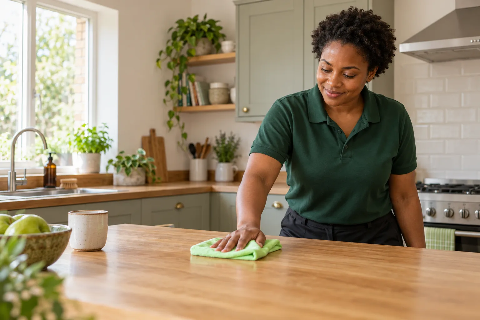 A cleaner in a green polo shirt wiping a kitchen worktop with a microfibre cloth.