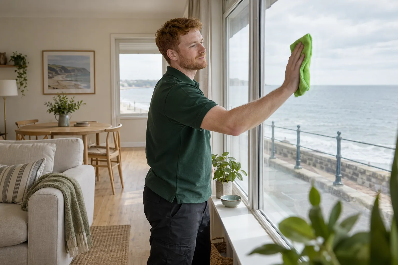 A cleaner wiping the inside of a large window in a seaside flat, with the sea and promenade railings outside.