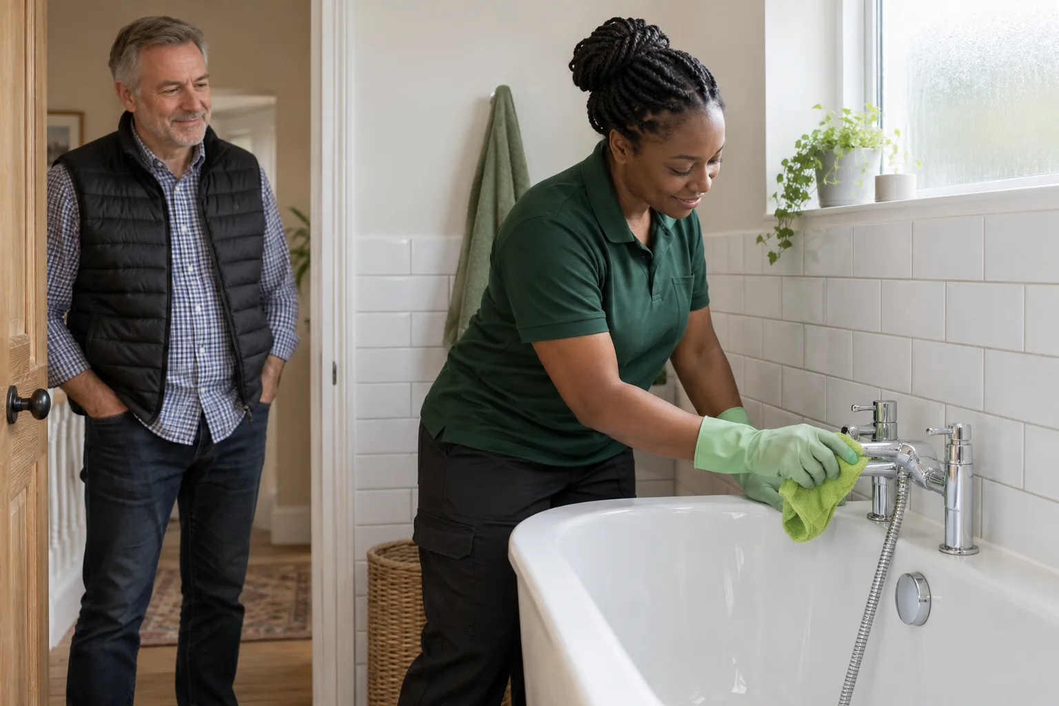 A landlord stands at a bathroom door while a cleaner polishes the bath taps.