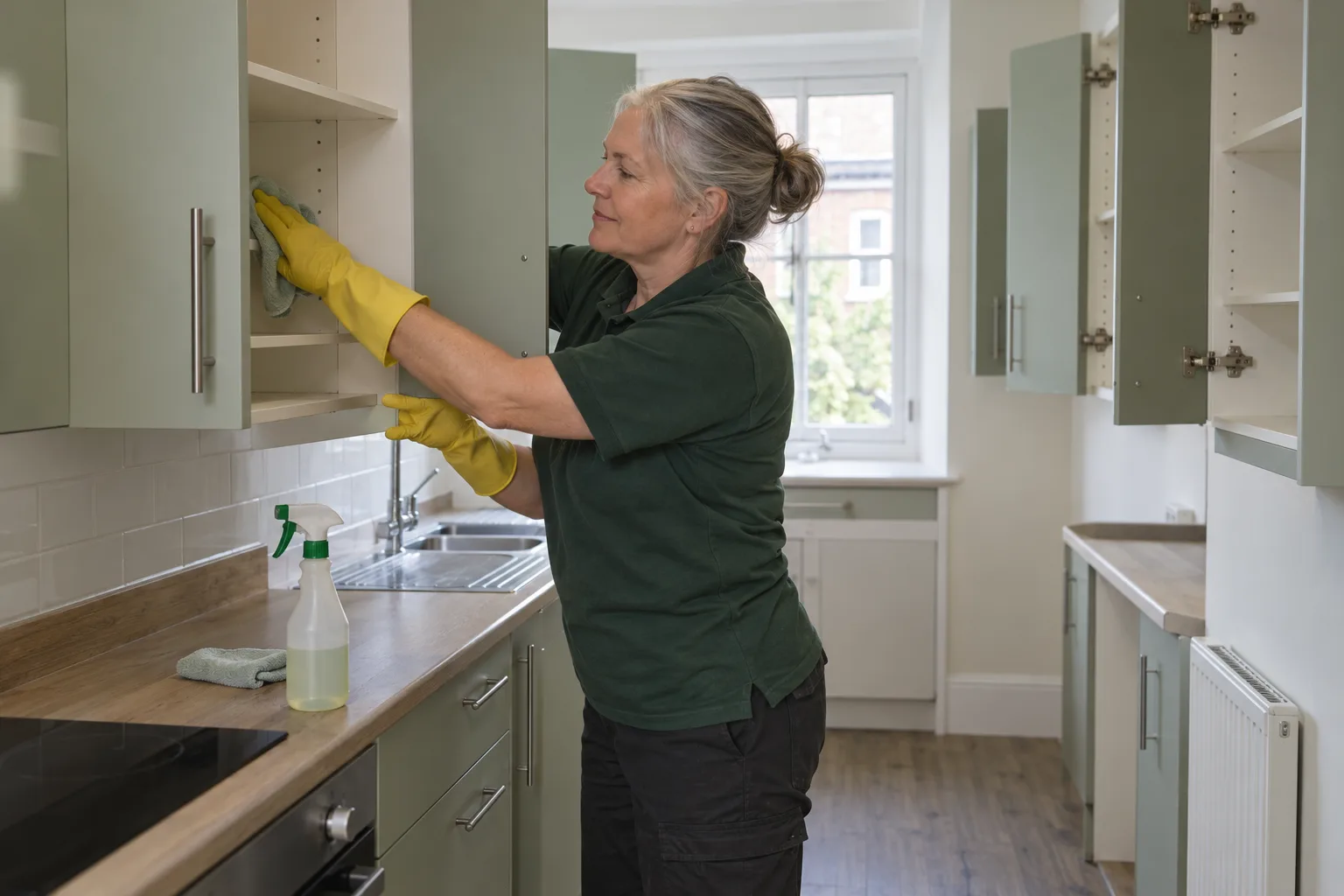 A cleaner in yellow rubber gloves wiping the inside of an open wall cupboard in an empty kitchen.