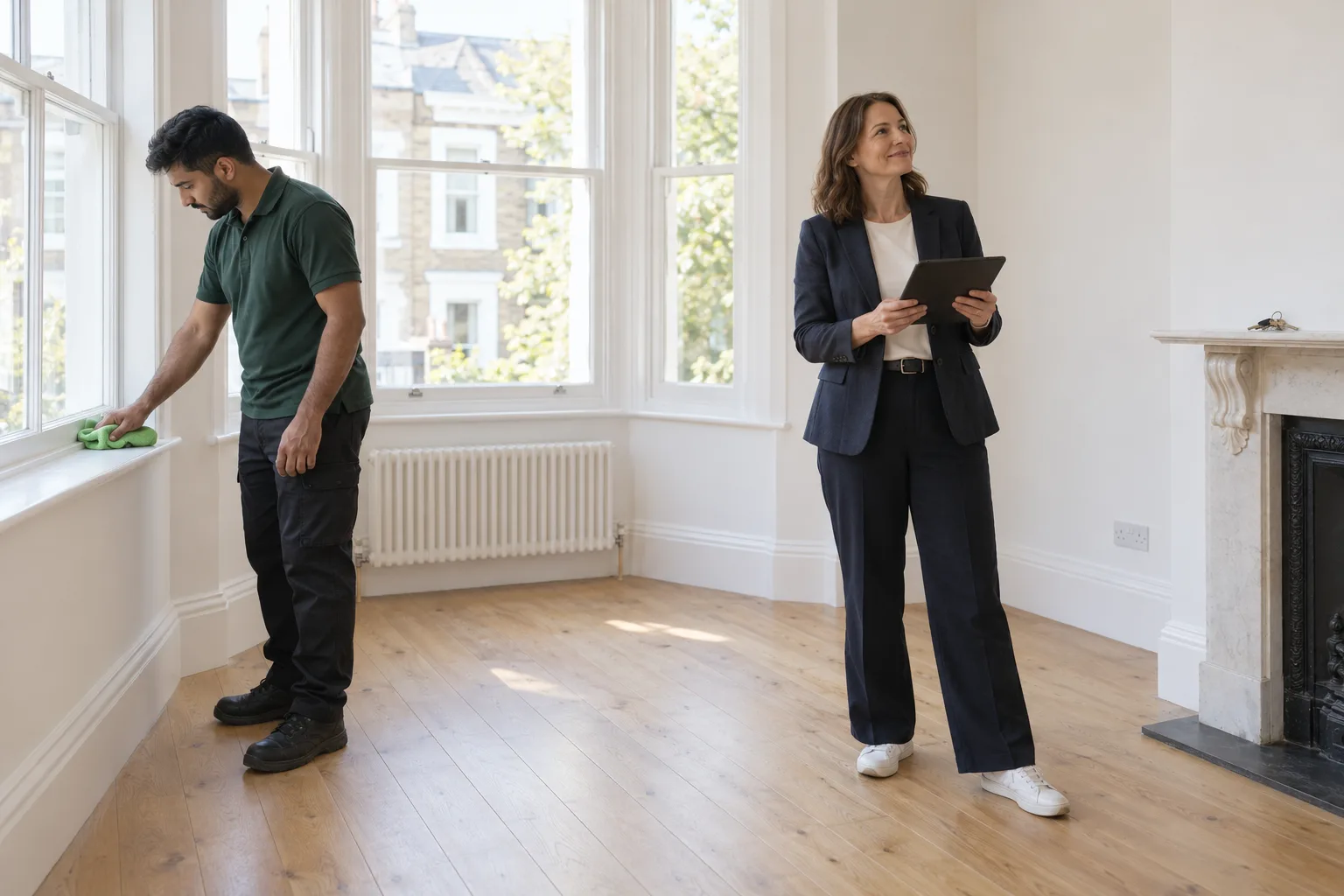 In an empty bay-windowed flat, a cleaner wipes the window sill while a letting agent holds a tablet and looks around the room.