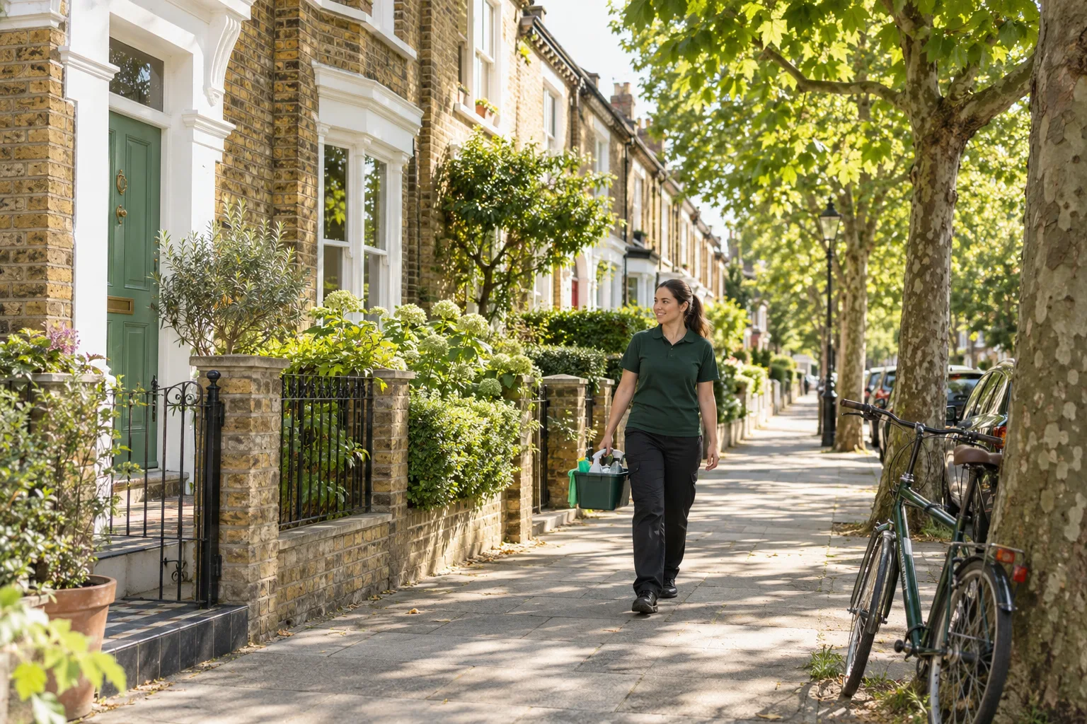 A cleaner carrying a caddy walks along a tree-lined London street of yellow-brick terraced houses.