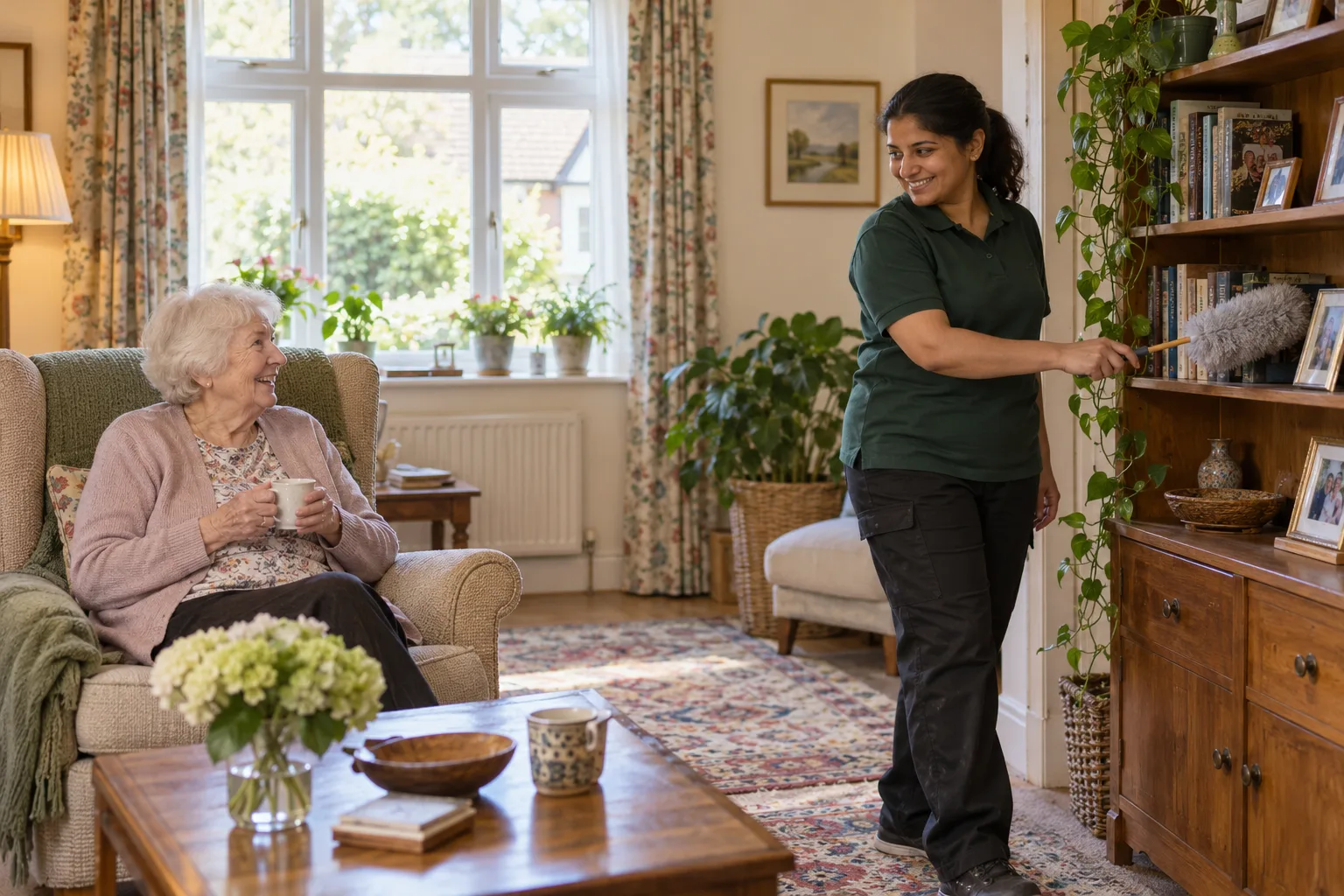 An older woman with a cup of tea in her armchair chats with a cleaner who is dusting a bookshelf.