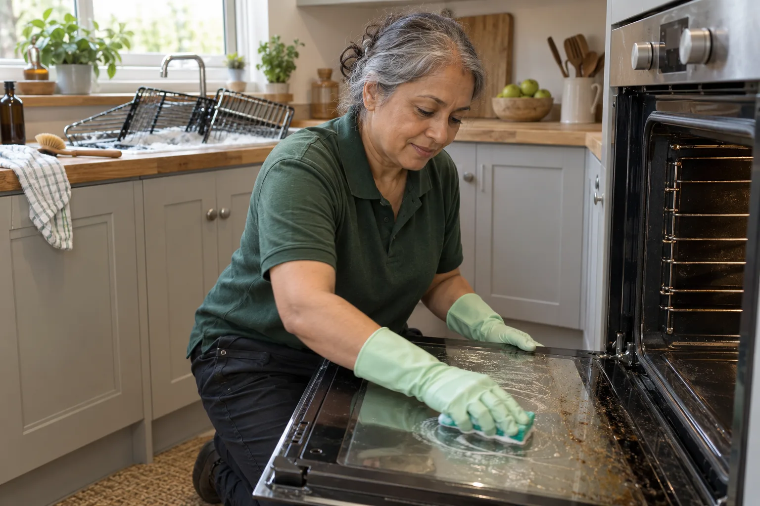 A cleaner in rubber gloves scrubbing the inside of an oven door, with the oven shelves soaking in the sink.