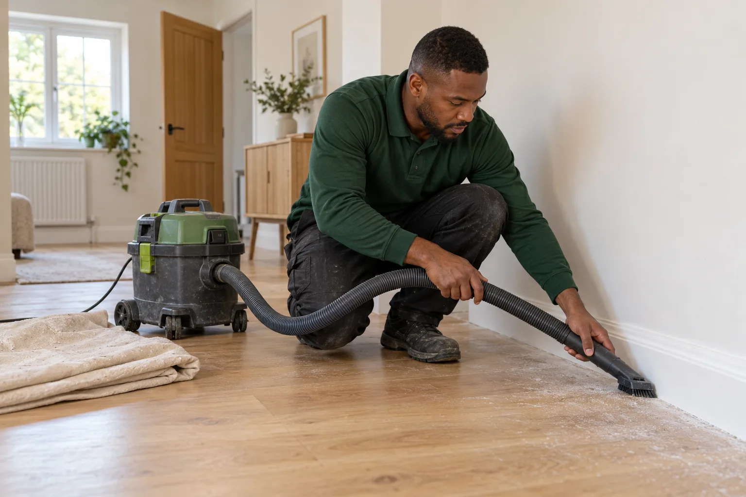 A cleaner vacuuming fine dust beside the skirting board of a newly finished room.
