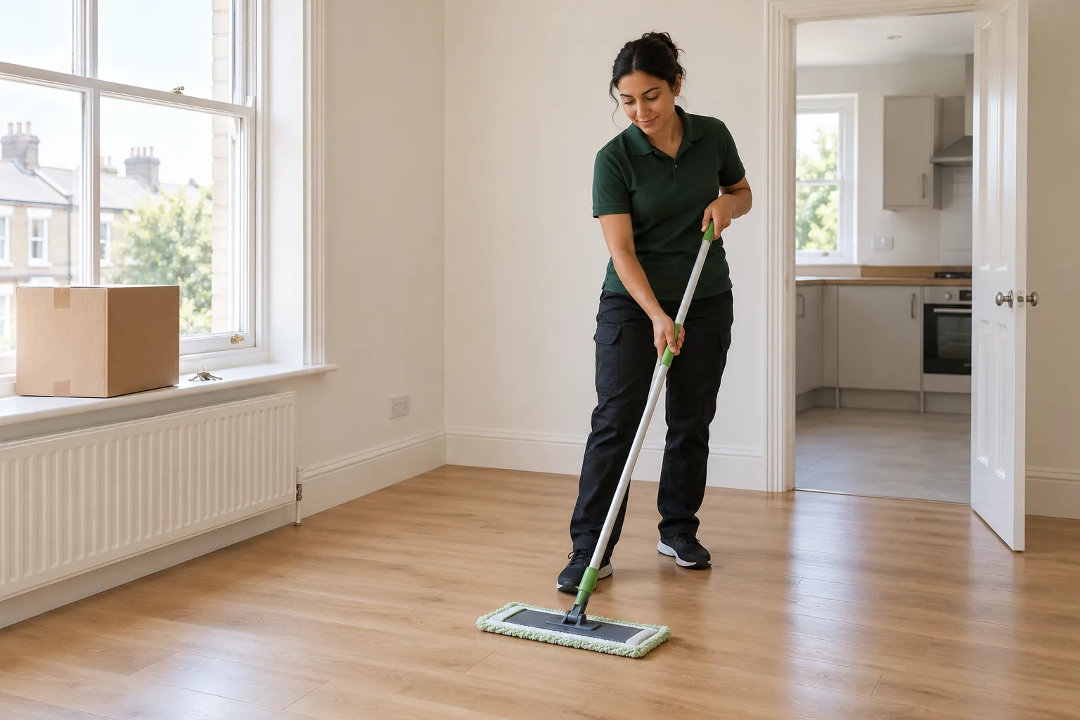 A cleaner mopping the floor of an empty home ready for its next residents.