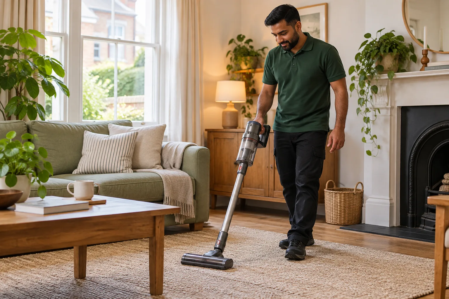 A cleaner vacuuming the rug in a comfortable living room.