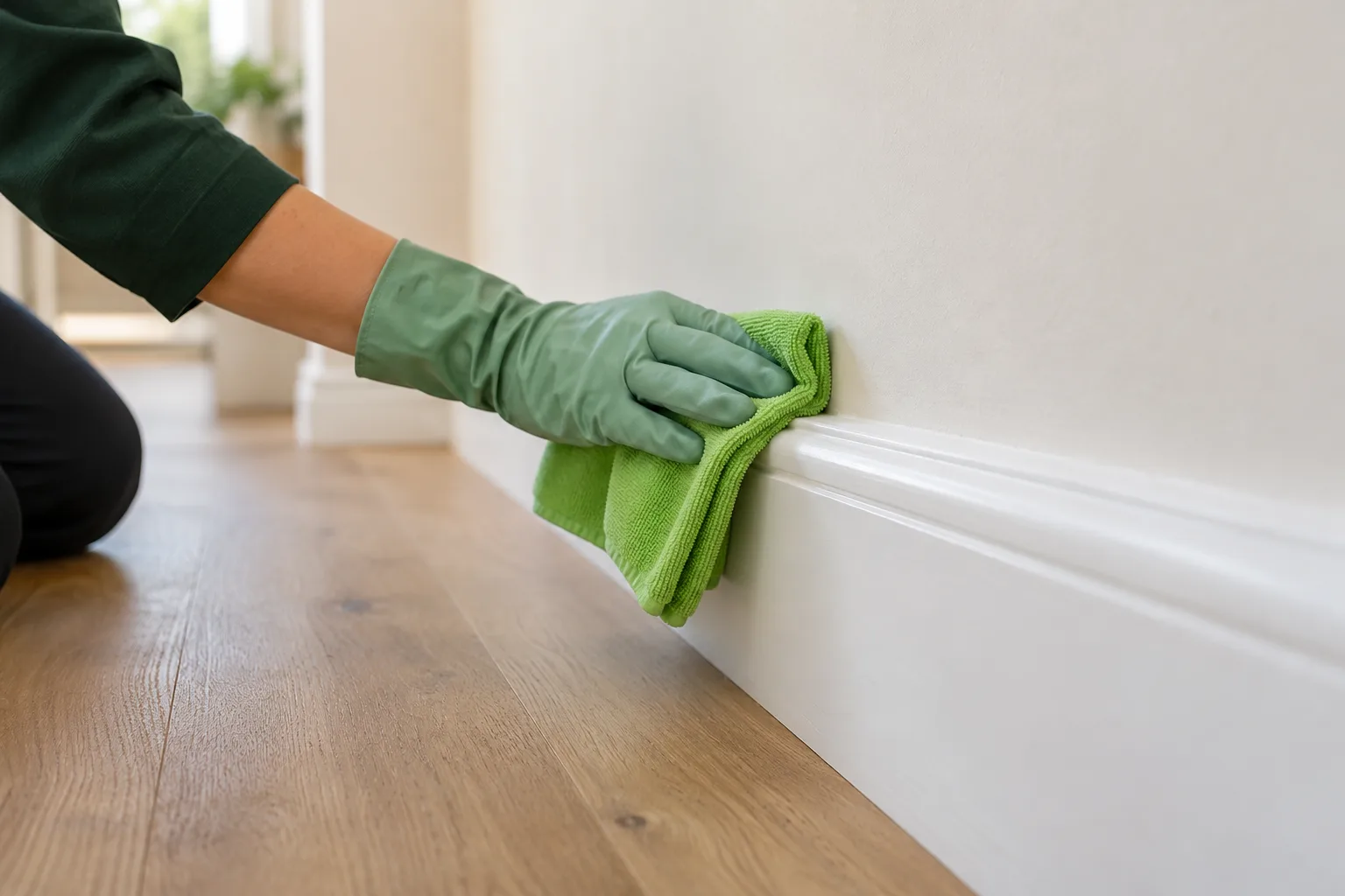 A gloved hand wiping a white skirting board with a green cloth above an oak floor.