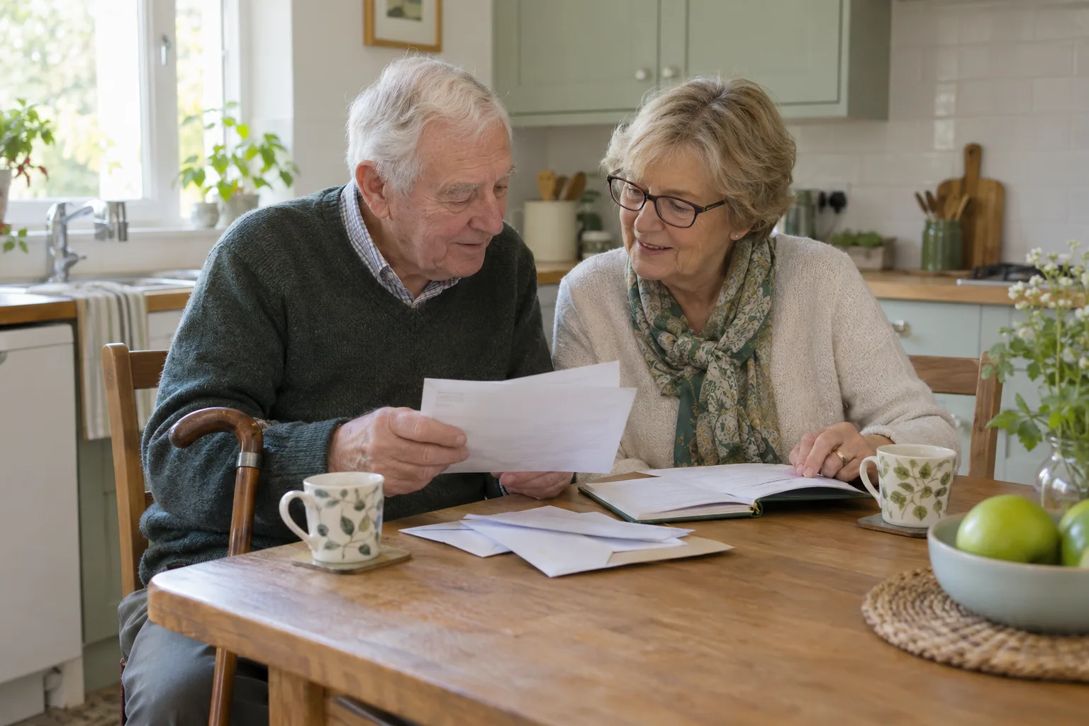 An older couple reading letters together at the kitchen table, with mugs of tea and a walking stick.