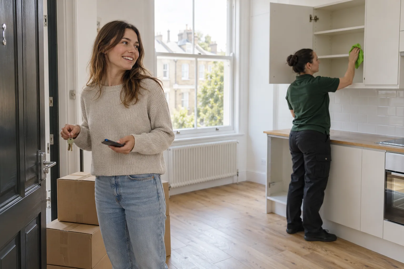A tenant holding her keys by moving boxes while a cleaner wipes the inside of a kitchen cupboard in the empty flat.